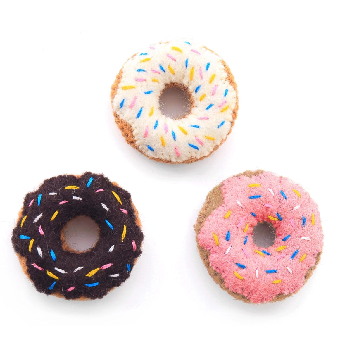 Foggy Dog Cat Toys, three felt donut toys in pink, vanilla and chocolate with sprinkles