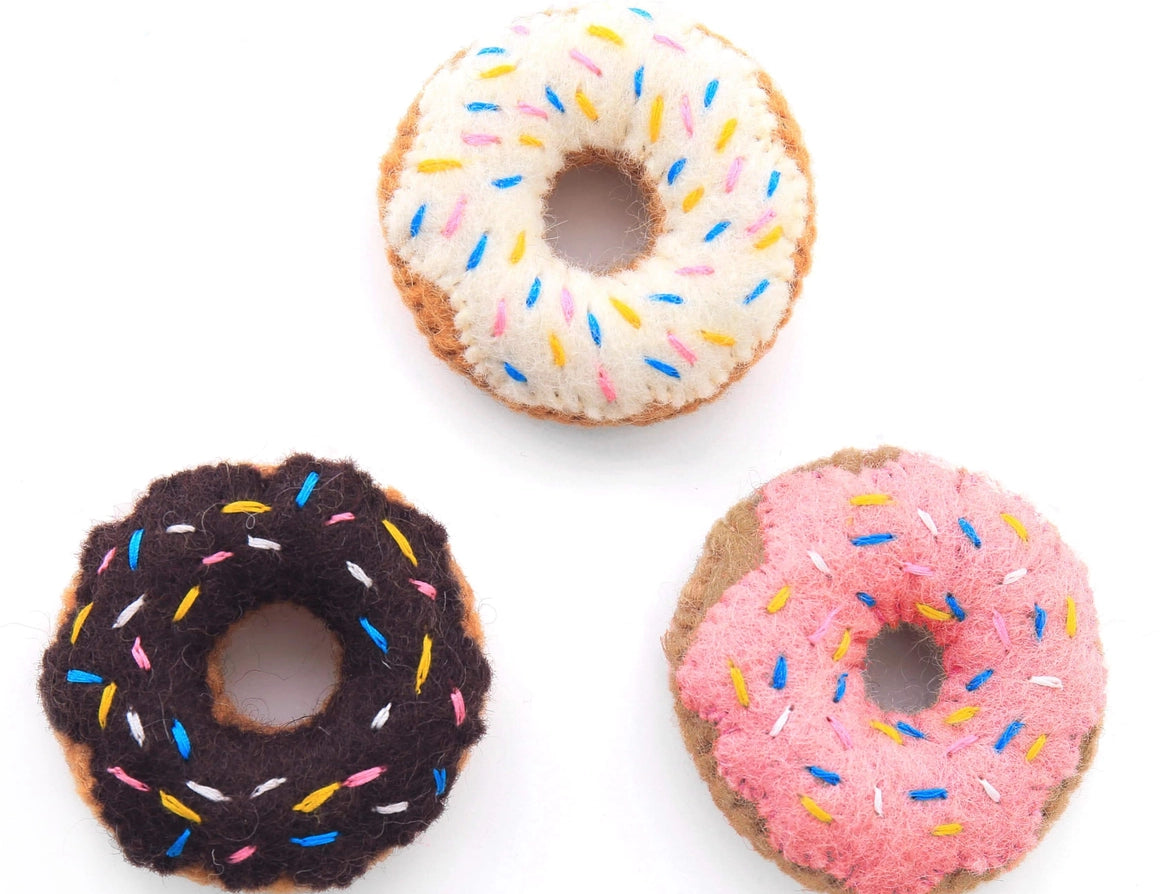 Foggy Dog Cat Toys, three felt donut toys in pink, vanilla and chocolate with sprinkles