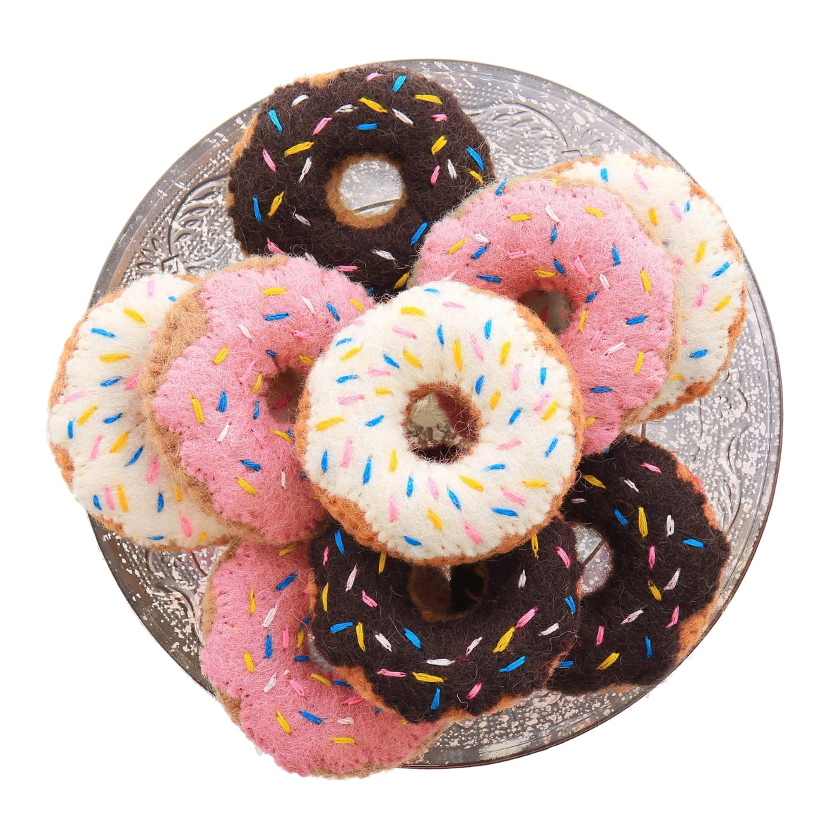 Foggy Dog Cat Toy felt donuts in pink, vanilla and chocolate piled on a silver plate