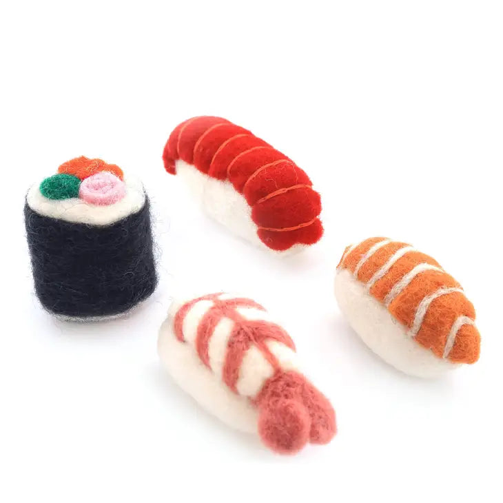 Foggy Dog Cat Toys, a felt sushi set with a roll, salmon nigiri, prawn nigiri and tuna nigiri