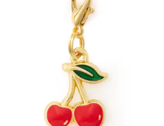 Foggy Dog Collar Charm, a gold clip-on charm with red enamel cherries and a green leaf