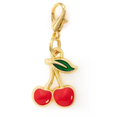 Foggy Dog Collar Charm, a gold clip-on charm with red enamel cherries and a green leaf