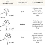 Foggy Dog Dog Bandana size chart showing small, medium and large by neck circumference and breed