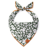 Foggy Dog Dog Bandana in Squirrel, a dark green tie-on bandana with a white squirrel and leaf print