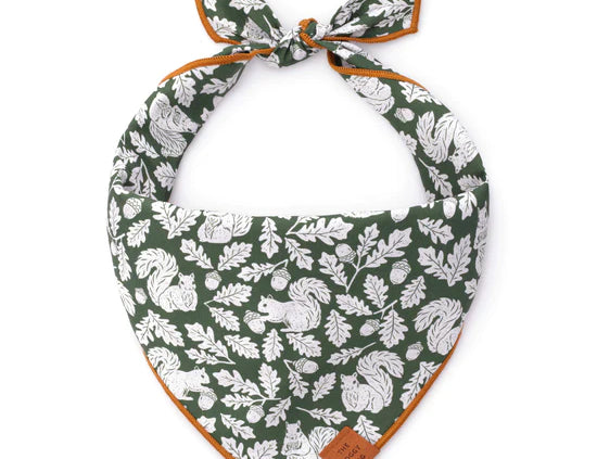 Foggy Dog Dog Bandana in Squirrel, a dark green tie-on bandana with a white squirrel and leaf print
