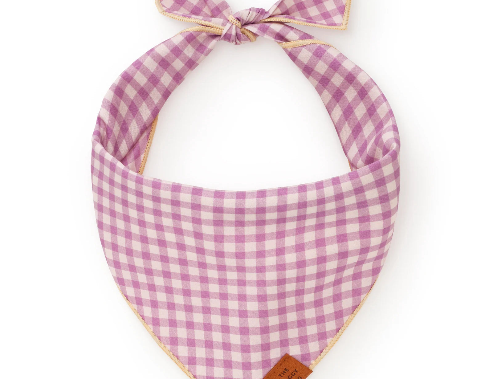 Foggy Dog Dog Bandana in Thistle Gingham, a purple and white checked tie-on bandana with a leather tag