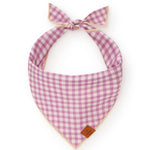 Foggy Dog Dog Bandana in Thistle Gingham, a purple and white checked tie-on bandana with a leather tag