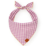 Foggy Dog Dog Bandana in Thistle Gingham, a purple and white checked tie-on bandana with a leather tag
