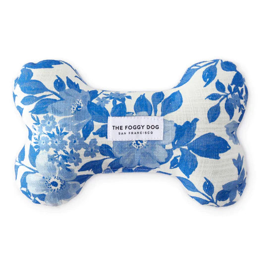 Foggy Dog Dog Squeaky Toy in Blue Roses, a plush bone with a blue and white floral print