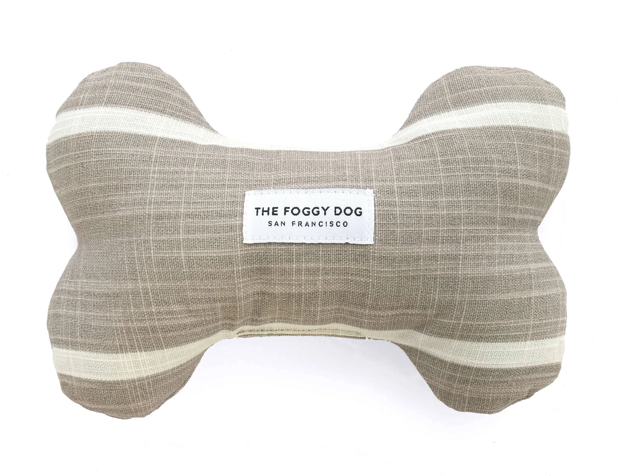 Foggy Dog Dog Squeaky Toy in Modern Stripe Warm Stone, a taupe plush bone with a thin cream stripe