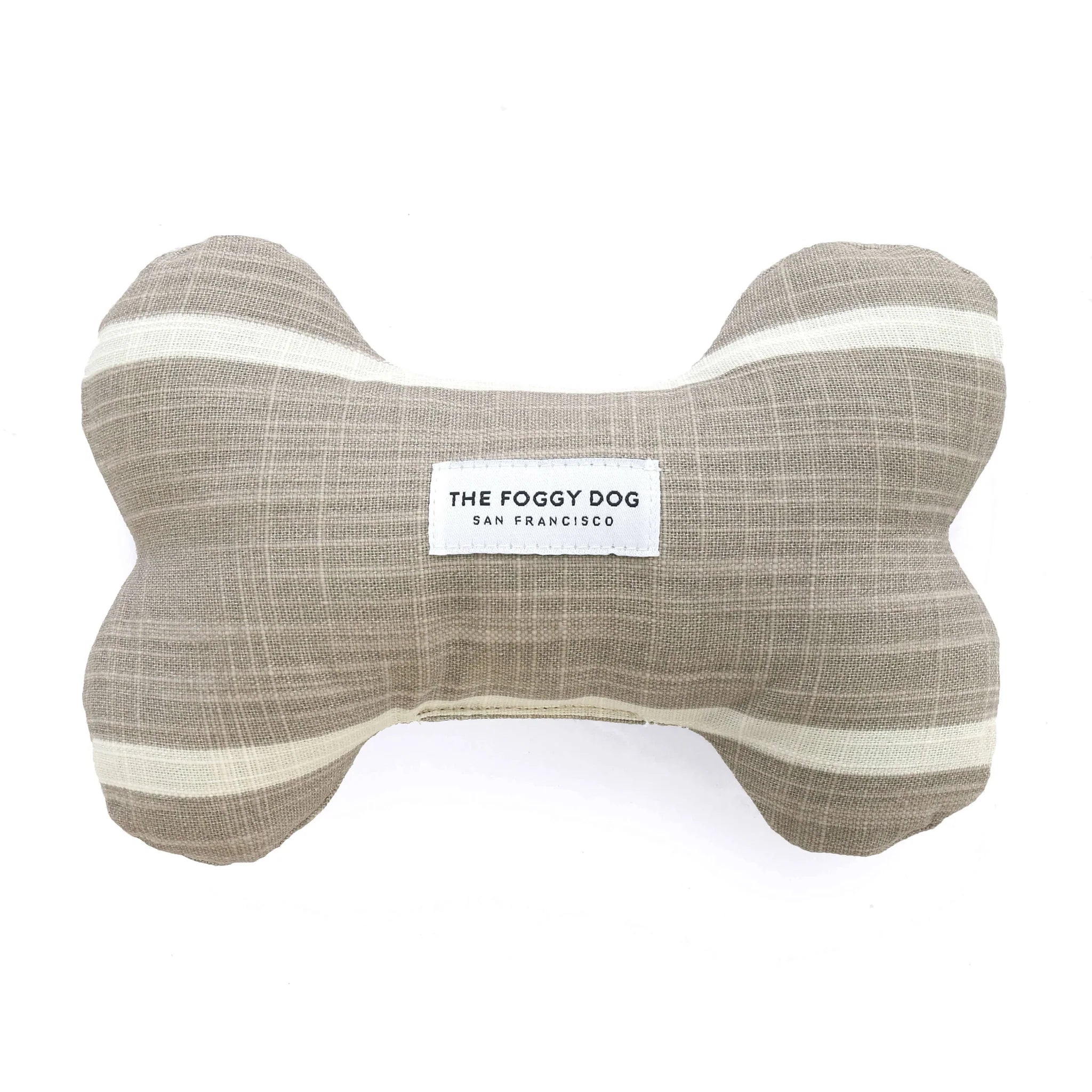 Foggy Dog Dog Squeaky Toy in Modern Stripe Warm Stone, a taupe plush bone with a thin cream stripe
