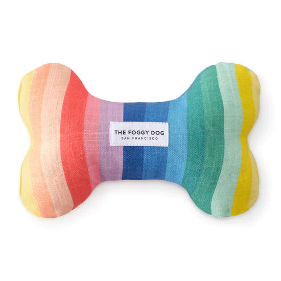 Foggy Dog Dog Squeaky Toy in Over The Rainbow, a plush bone with rainbow stripes