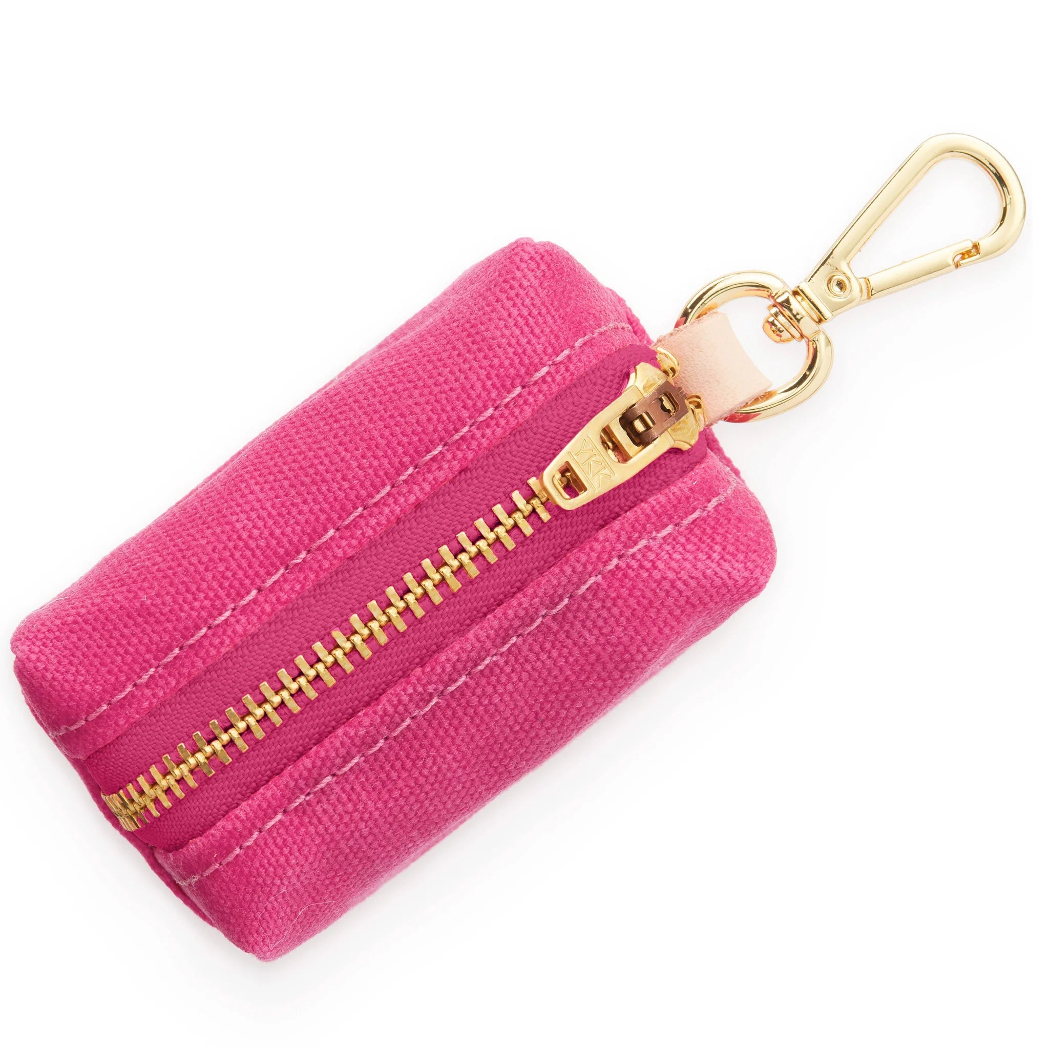 Foggy Dog Poop Bag Holder in Hot Pink, side view showing the zipper and clip