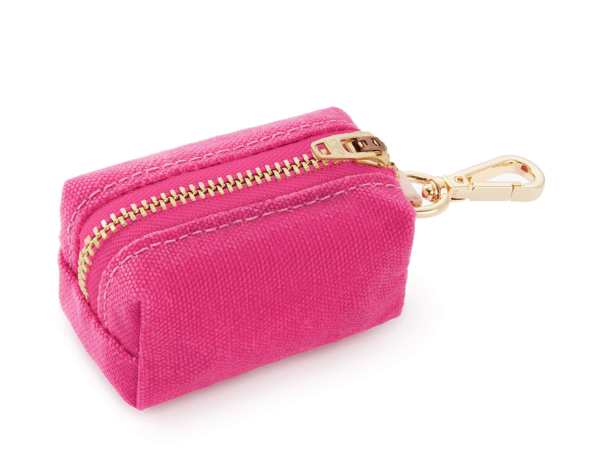 Foggy Dog Poop Bag Holder in Hot Pink, a canvas pouch with a gold zipper and clip