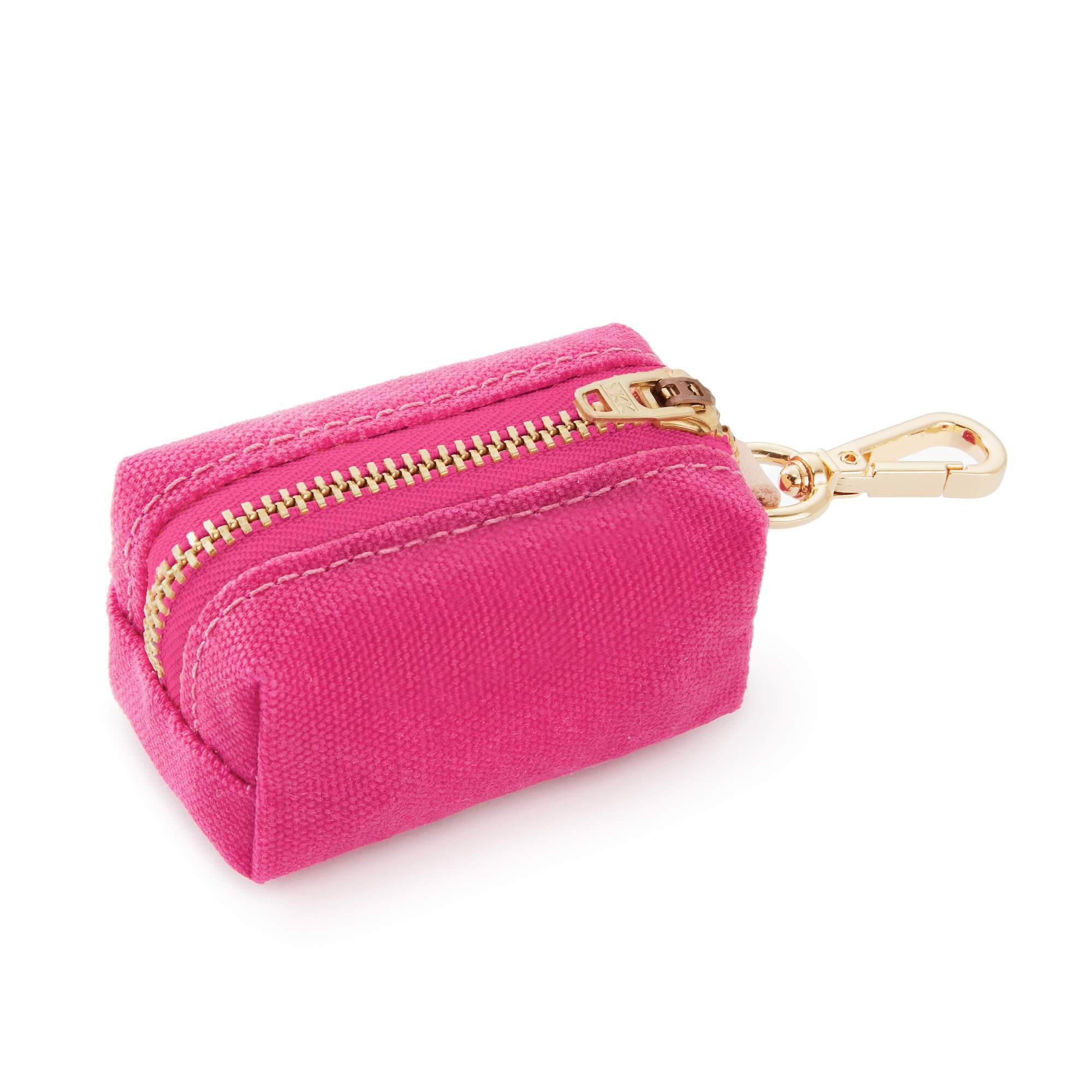 Foggy Dog Poop Bag Holder in Hot Pink, a canvas pouch with a gold zipper and clip
