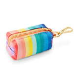 Foggy Dog Poop Bag Holder in Over the Rainbow, a rainbow striped pouch with a gold zipper and clip
