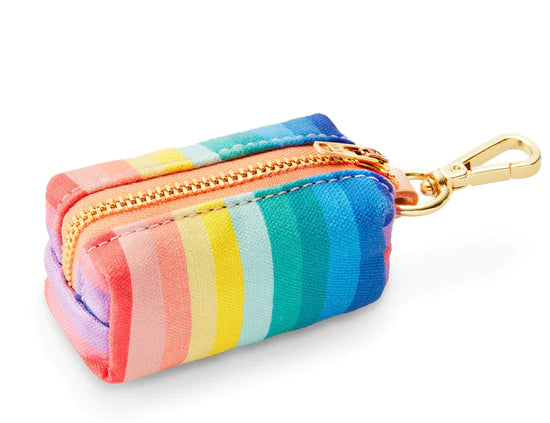Foggy Dog Poop Bag Holder in Over the Rainbow, a rainbow striped pouch with a gold zipper and clip