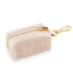 Foggy Dog Poop Bag Holder in Sand Waxed, a tan waxed canvas pouch with a gold zipper and clip