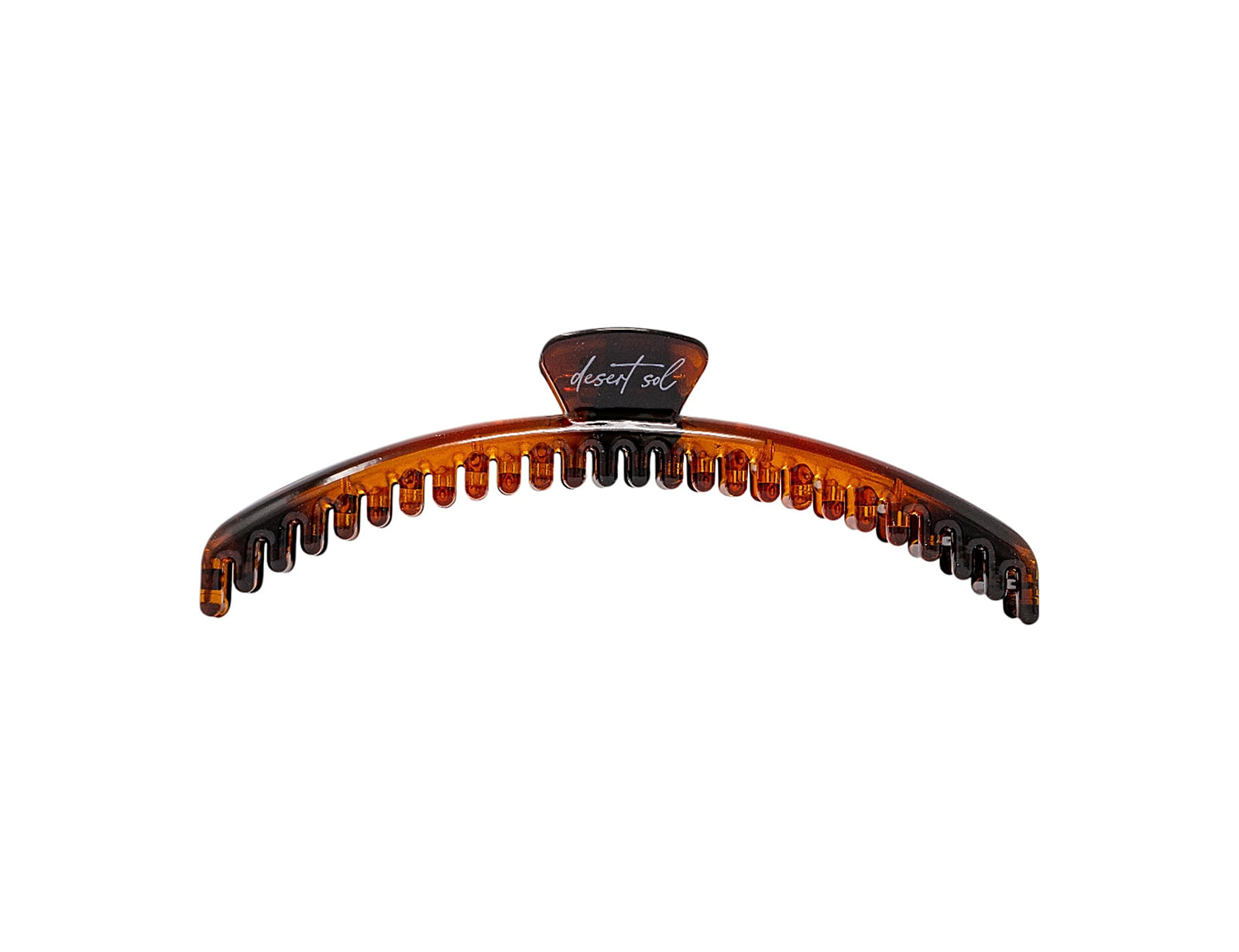 Frenchie claw clip in Amber Tortoise, classic size, a matte tortoiseshell hair claw clip with desert sol script on the top tab, on a white background.