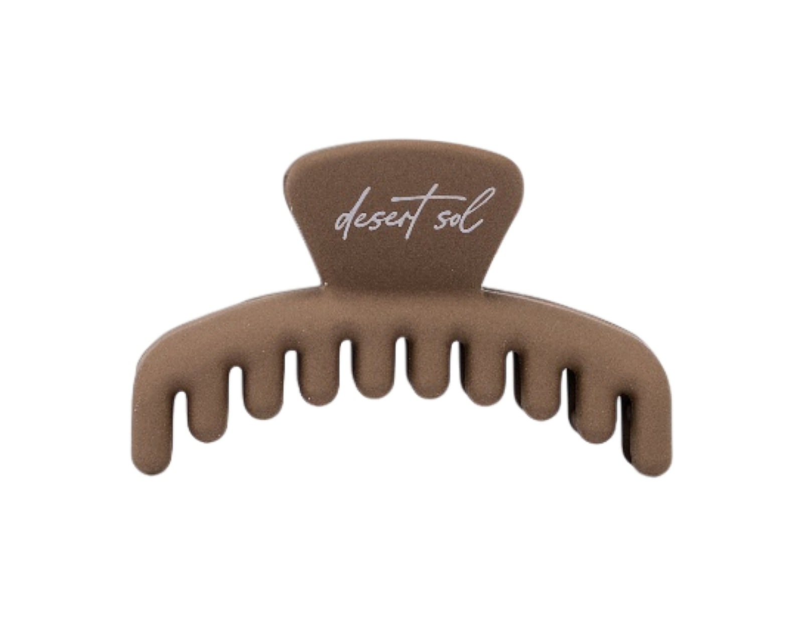 Frenchie claw clip in Mocha, petite size, a matte brown hair claw clip with desert sol script on the top tab, on a white background.
