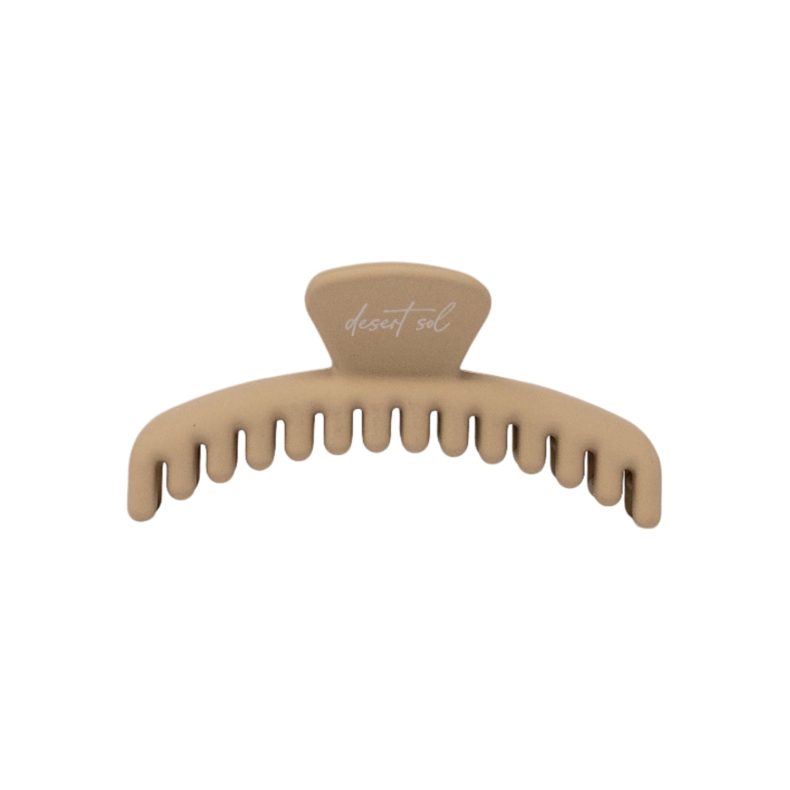Frenchie claw clip in Oat, mini size, a matte beige hair claw clip with desert sol script on the top tab, on a white background.