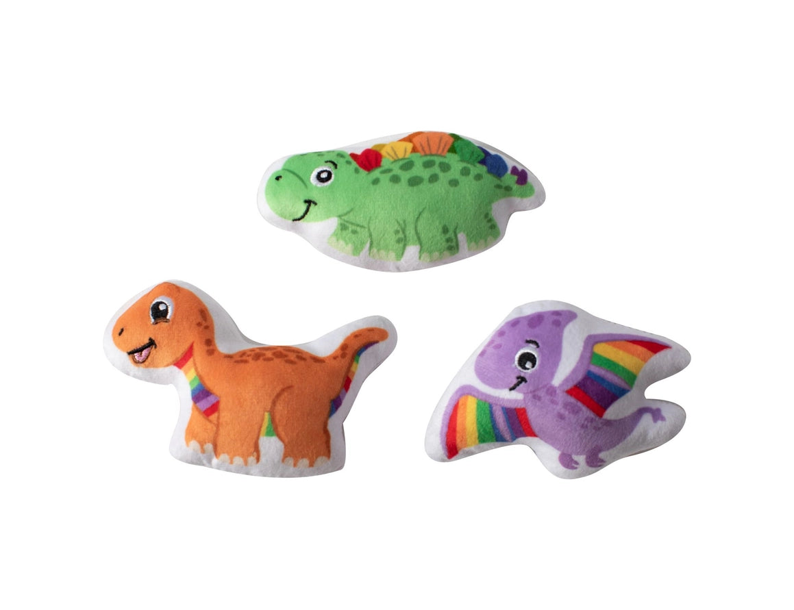 Fringe Studio 3 Piece Born This Way Dog Toy Set, three plush dinosaurs in green, orange and purple