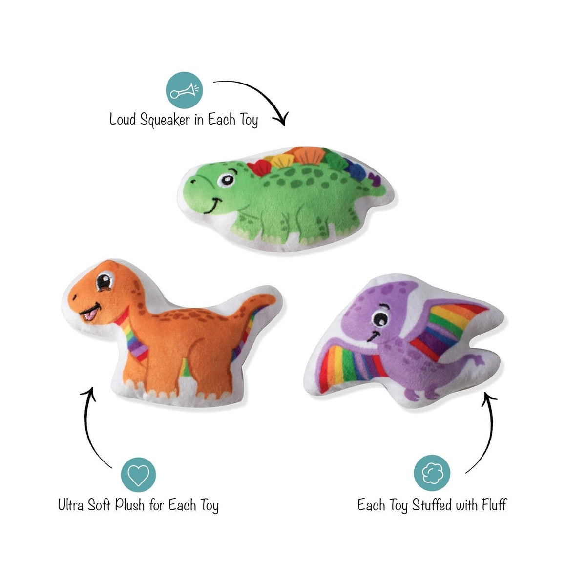 Fringe Studio 3 Piece Born This Way Dog Toy Set with callouts for squeakers, soft plush and fluff stuffing