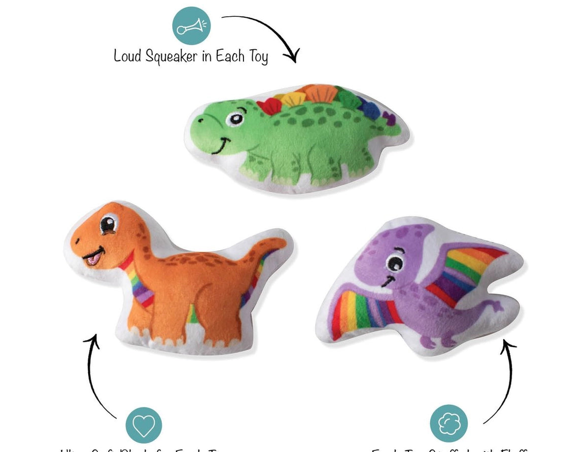 Fringe Studio 3 Piece Born This Way Dog Toy Set with callouts for squeakers, soft plush and fluff stuffing