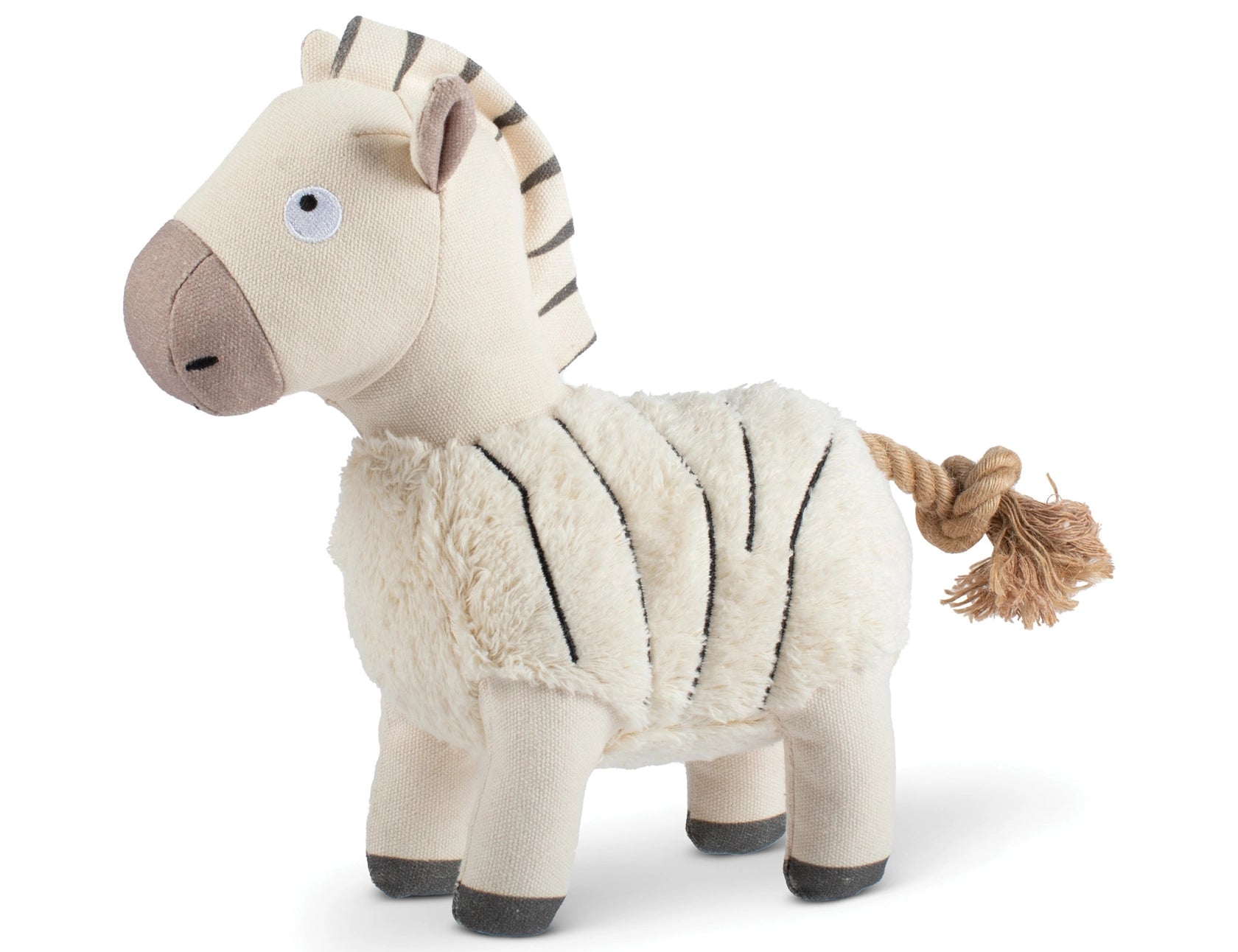 Fringe Studio Earnd My Stripe Erth Frndly Dog Toy, a cream plush zebra with black stripes and a rope tail