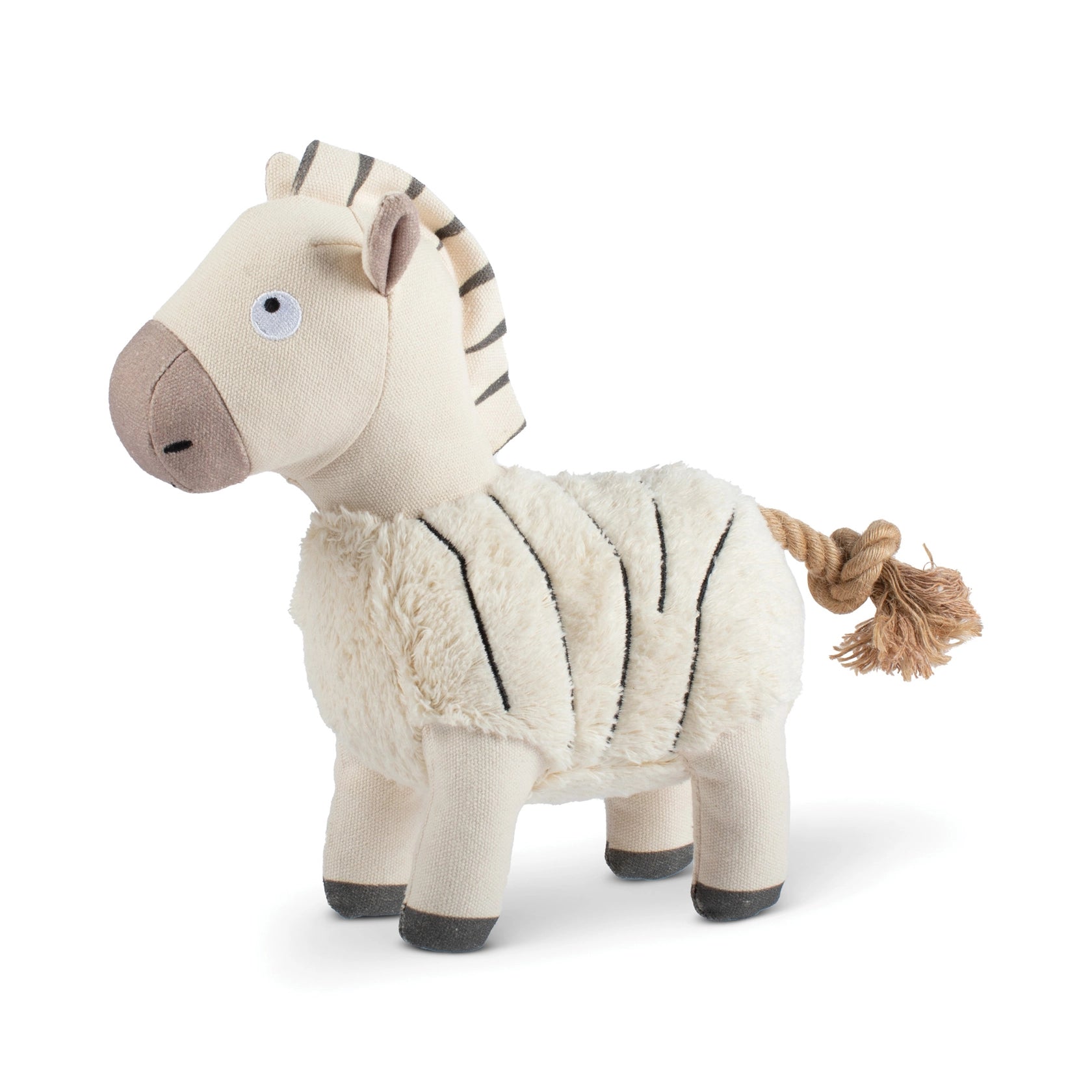 Fringe Studio Earnd My Stripe Erth Frndly Dog Toy, a cream plush zebra with black stripes and a rope tail