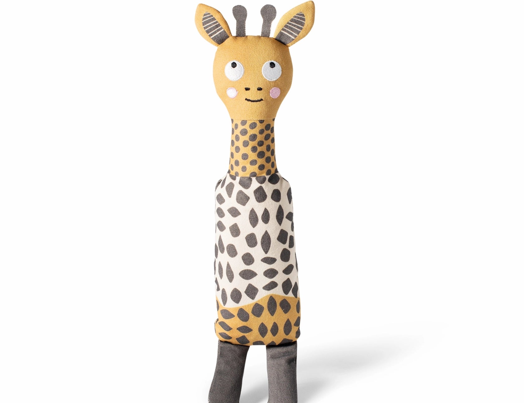 Fringe Studio High There Canvas Squeaker Dog Toy, a tall yellow spotted giraffe with gray feet