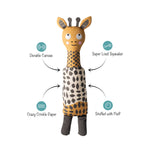 Fringe Studio High There giraffe dog toy with callouts for durable canvas, loud squeaker, crinkle paper and fluff