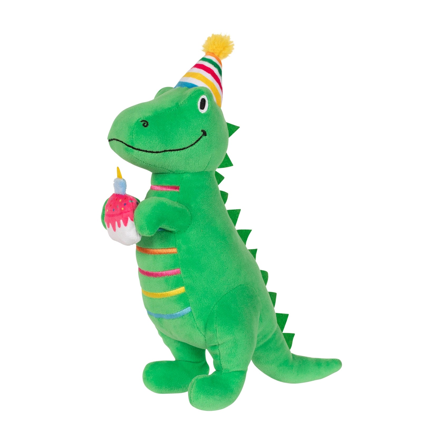 Fringe Studio I'm How Old Plush Dog Toy, a green dinosaur in a party hat holding a cupcake