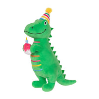 Fringe Studio I'm How Old Plush Dog Toy, a green dinosaur in a party hat holding a cupcake