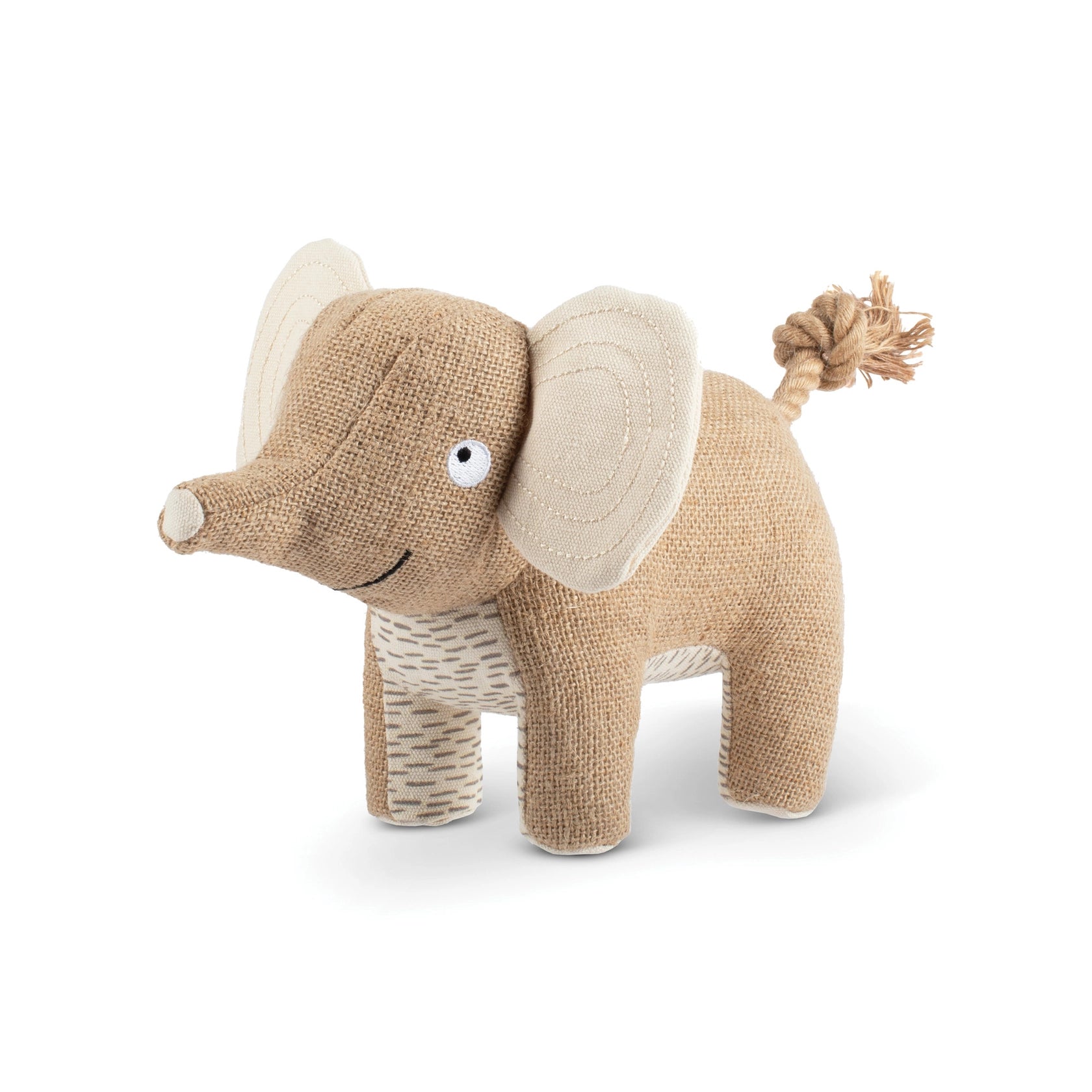 Fringe Studio It in the Trunk Erth Frndly Dog Toy, a tan canvas elephant with a rope tail