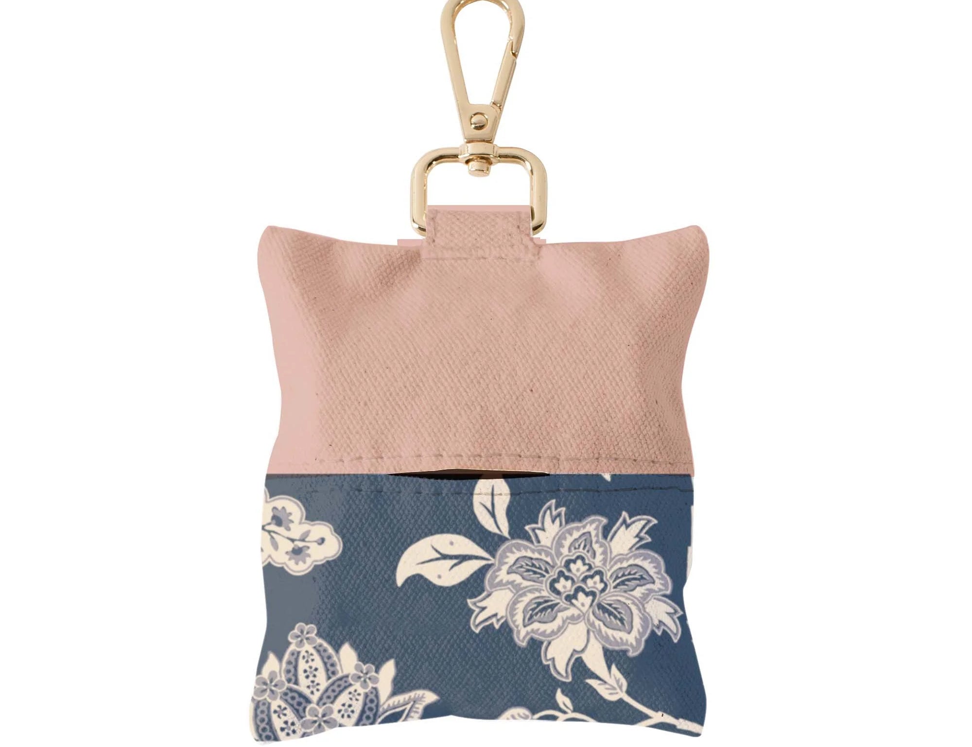 Fringe Studio Mem Indienne Canvas Waste Bag Holder, a blush and navy floral pouch with a brass clip