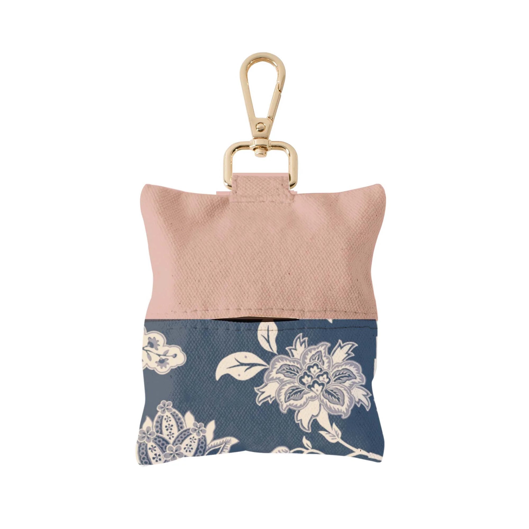 Fringe Studio Mem Indienne Canvas Waste Bag Holder, a blush and navy floral pouch with a brass clip