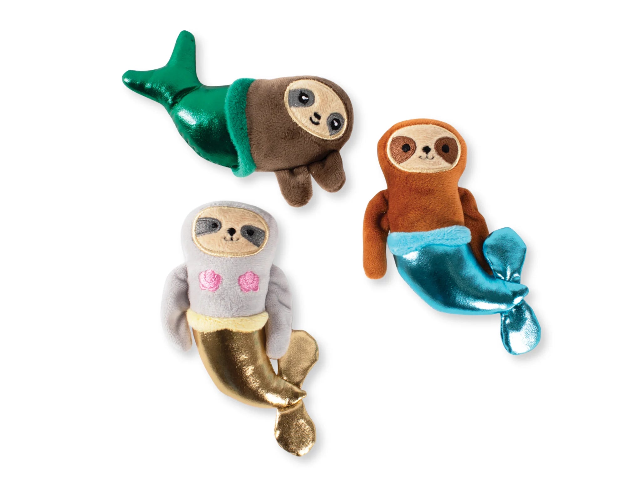 Fringe Studio Mersloth 3pc Dog Toy Set, three plush sloth mermaids with green, gold and teal tails