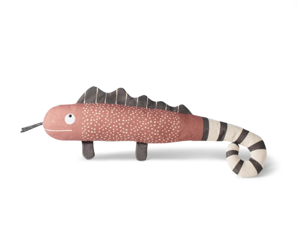 Fringe Studio One In A Chameleon Squeaker Dog Toy, a rust spotted plush chameleon with a striped tail