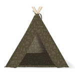 Fringe Studio Pet Teepee, an olive green canvas teepee with a mountain and cabin print, front view