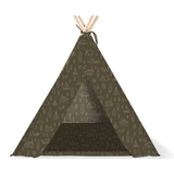 Fringe Studio Pet Teepee, an olive green canvas teepee with a mountain and cabin print, front view