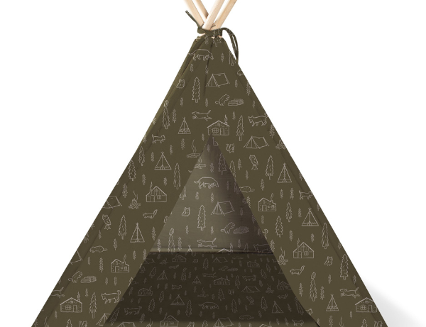 Fringe Studio Pet Teepee, an olive green canvas teepee with a mountain and cabin print, front view