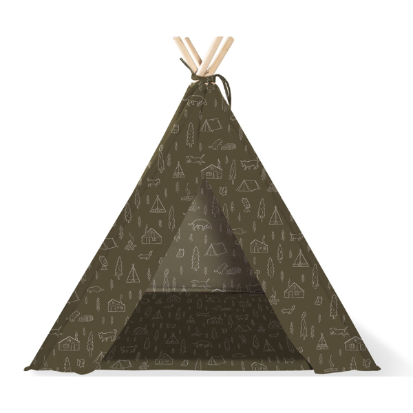 Fringe Studio Pet Teepee, an olive green canvas teepee with a mountain and cabin print, front view