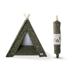 Fringe Studio Pet Teepee in olive green beside its rolled-up packaging
