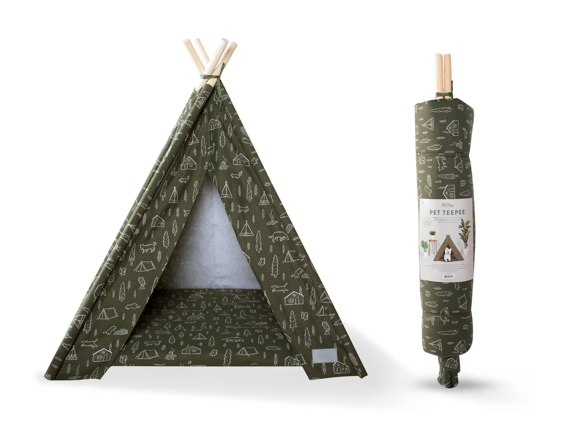 Fringe Studio Pet Teepee in olive green beside its rolled-up packaging