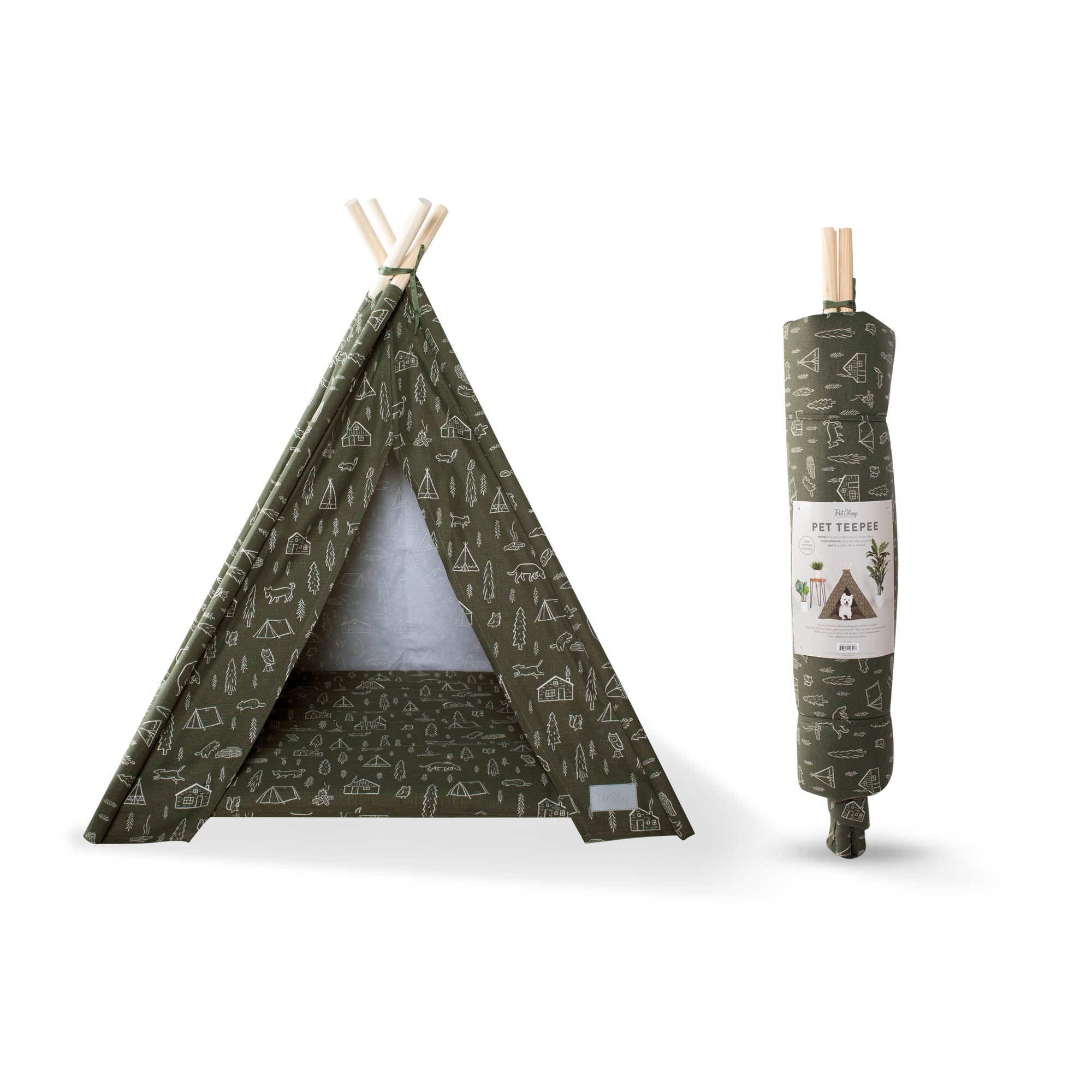 Fringe Studio Pet Teepee in olive green beside its rolled-up packaging