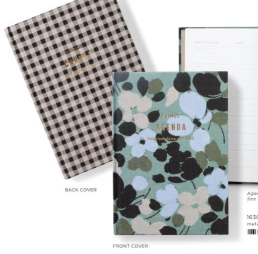 Fringe Studio Petals Agenda, a teal floral front cover and black gingham back cover