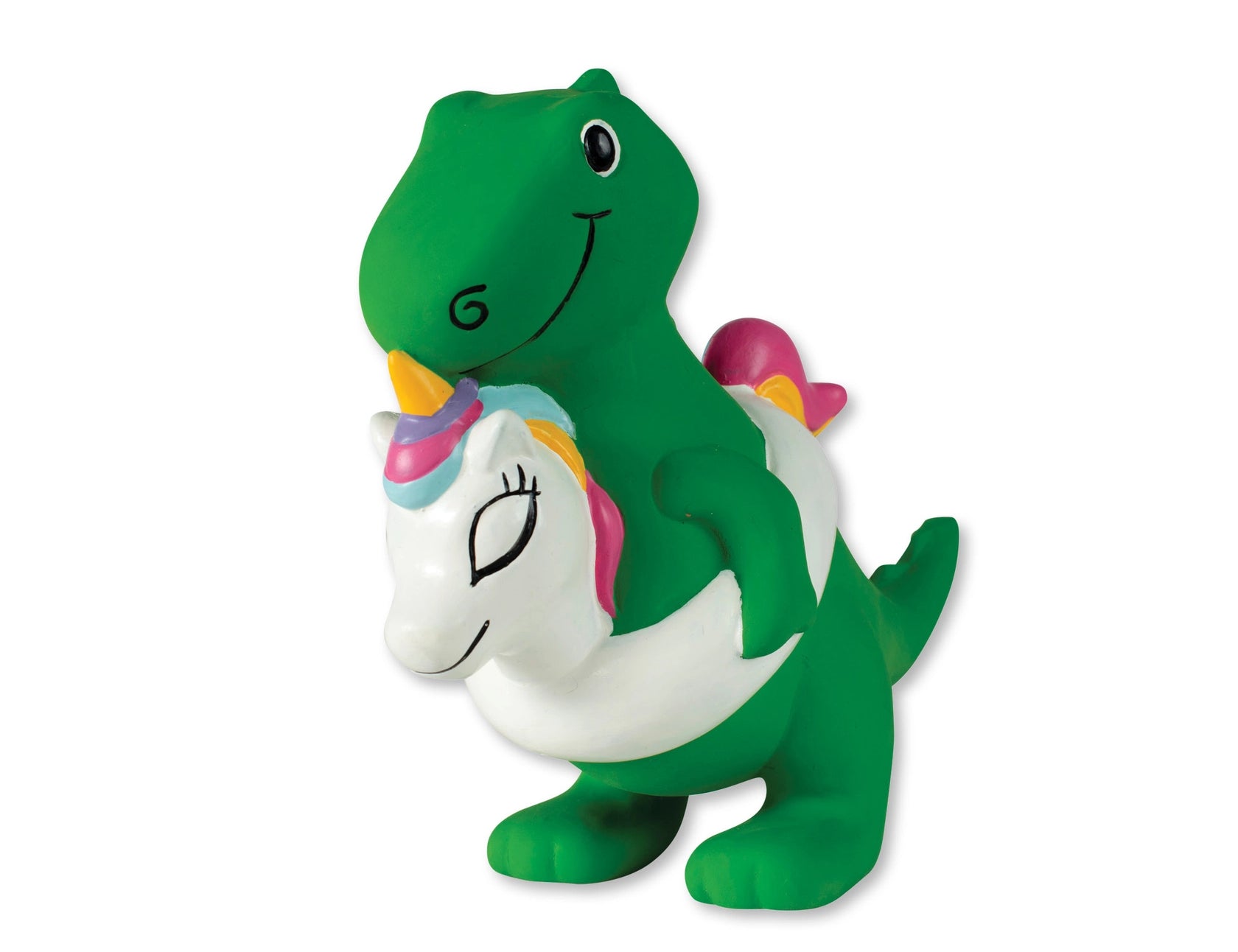 Fringe Studio Pool Side Rex Latex Dog Toy, a green T-rex riding a white unicorn pool float