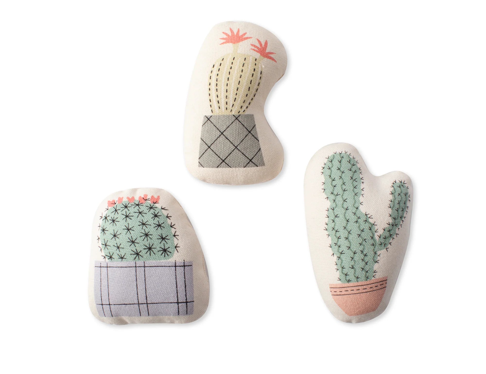 Fringe Studio Potted Cactus Mini Dog Toys, three small plush cacti in patterned pots