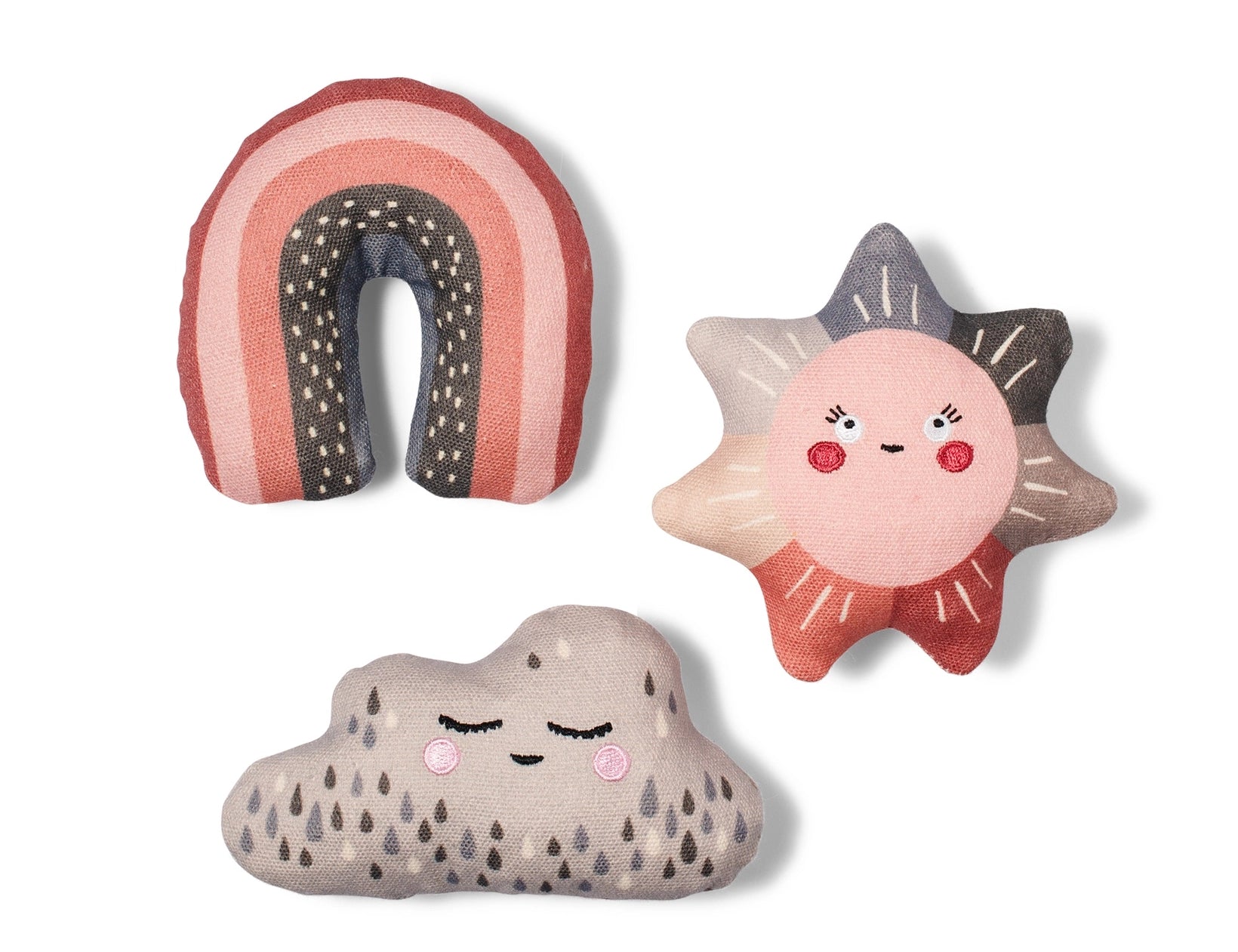 Fringe Studio 3 Piece Canvas Rain or Shine Mini Dog Toy Set, a pink rainbow, a smiling sun and a sleepy grey cloud plush toy on white